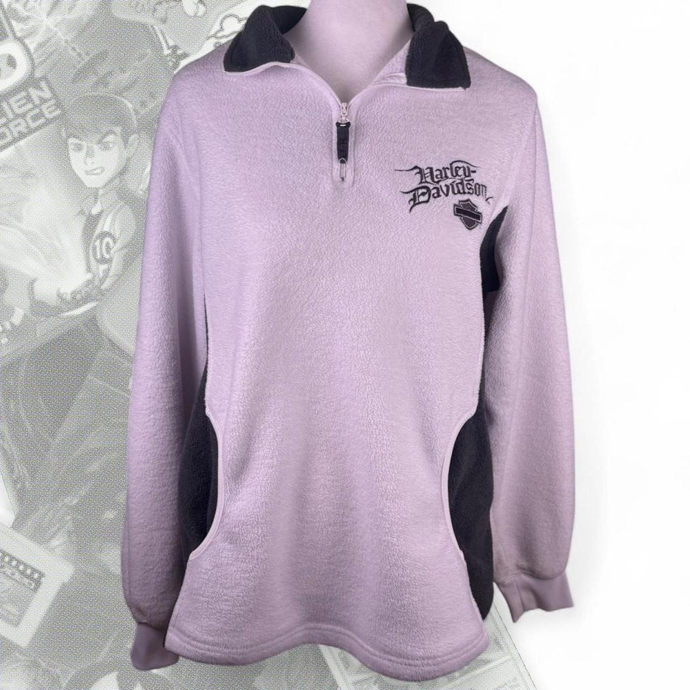 Vintage Harley Davidson Biker Grunge Quarter Zip Fleece Pullover Purple Gray L
